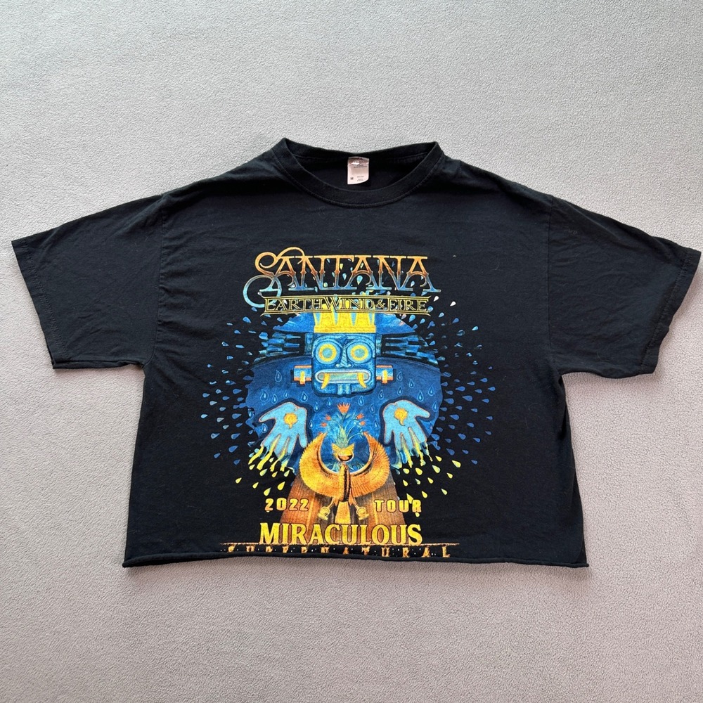 Santana Earth Wind & Fire 2022 Tour T Shirt Womens M Cropped Black Music‎ Retro